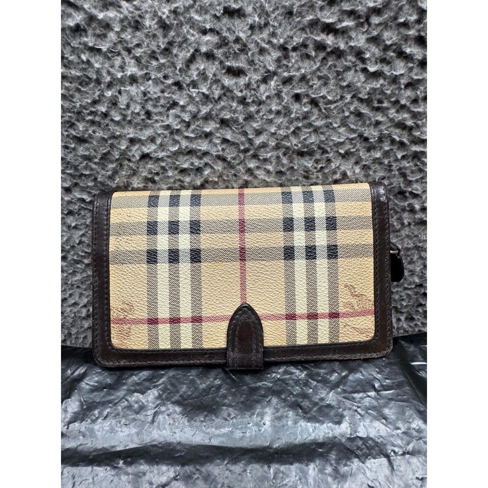 Burberry Haymarket Check Leather Bifold Continental Wallet Brown Beige 7" x 4" - Picture 1 of 10